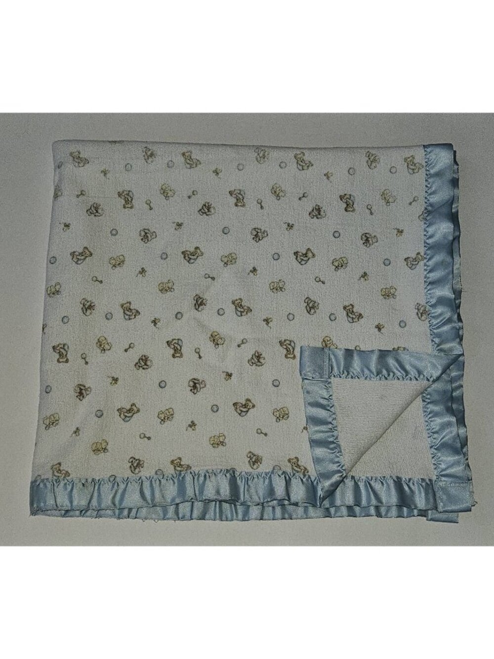 VTG Carter's Baby Blanket Teddy Bear Bunny Dog Rattle 35x40 Blue Satin Trim READ